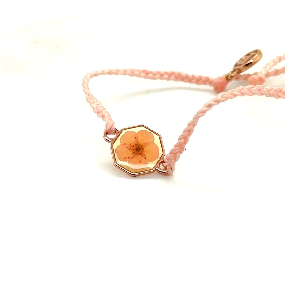 Pura Vida Pressed Flower Hexagon Charm Braided Bracelet Pink Rose Gold Tone